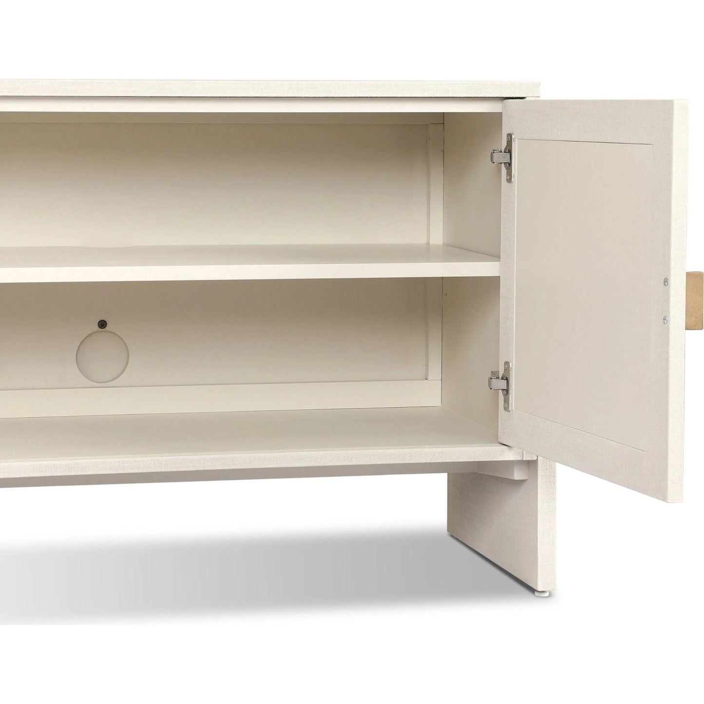 013 SI-2519138 | Closeup | Cressida Media Console by Four Hands in ivory painted linen. Made from painted linen in a transitional style.