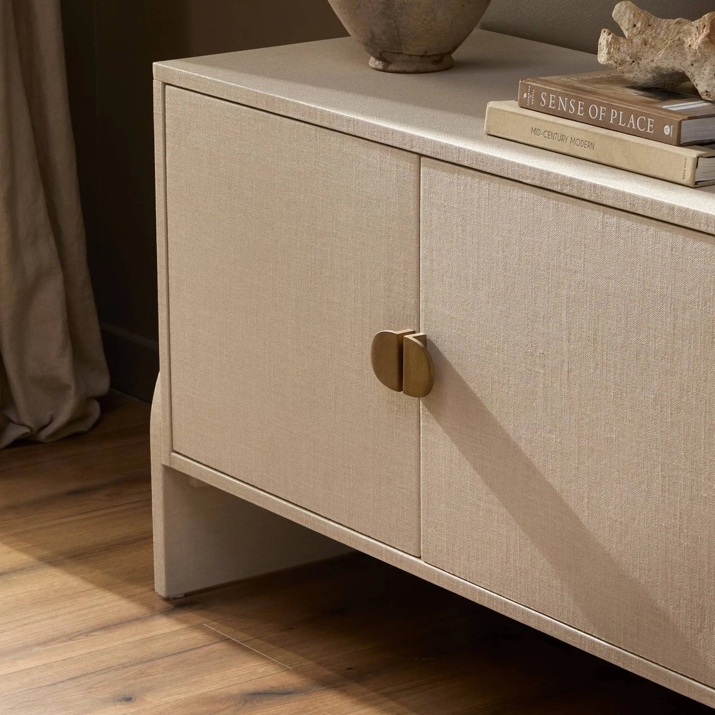 014 SI-2519138 | Closeup | Cressida Media Console by Four Hands in ivory painted linen. Made from painted linen in a transitional style.