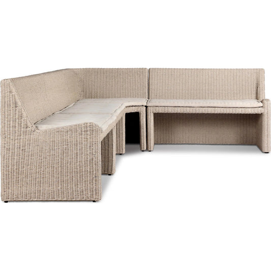 Senna Outdoor Dining Banquette L Shape 121" by Four Hands in vintage white, alessi linen. Made from 100% polyethylene, 100% polypropylene in a unique style.