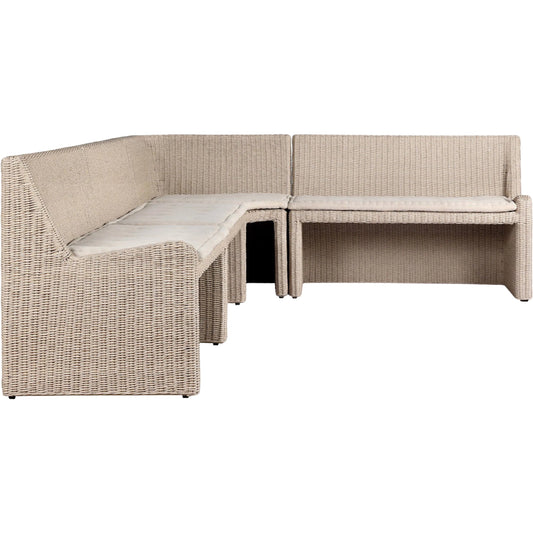 Senna Outdoor Dining Banquette L Shape 121" by Four Hands in vintage white, alessi linen. Made from 100% polyethylene, 100% polypropylene in a rustic style.