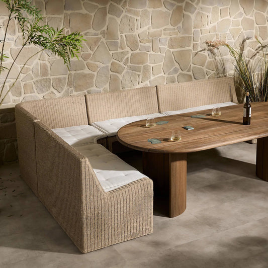 Senna Outdoor Dining Banquette L Shape 121" by Four Hands in vintage white, alessi linen. Made from 100% polyethylene, 100% polypropylene in a unique style.