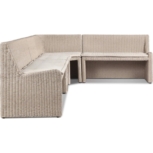 Senna Outdoor Dining Banquette L Shape 132" by Four Hands in vintage white, alessi linen. Made from 100% polyethylene, 100% polypropylene in a unique style.