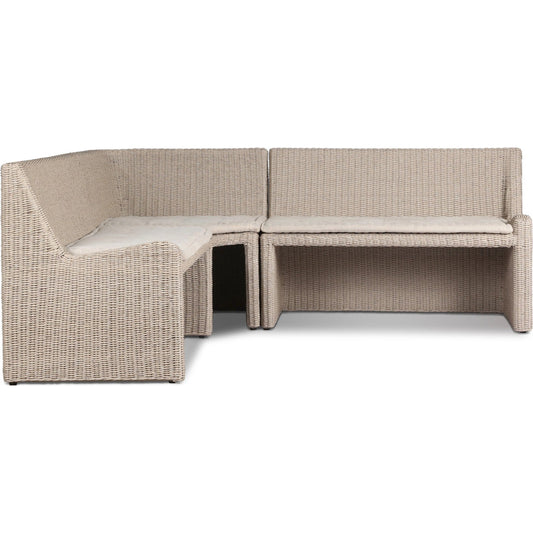 Senna Outdoor Dining Banquette L Shape 83" by Four Hands in vintage white, alessi linen. Made from 100% polyethylene, 100% polypropylene in a unique style.