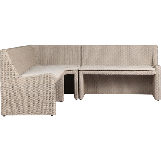 Senna Outdoor Dining Banquette L Shape 83" by Four Hands in vintage white, alessi linen. Made from 100% polyethylene, 100% polypropylene in a rustic style.