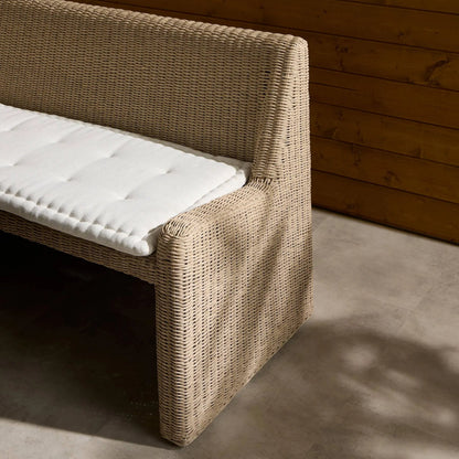 Senna Outdoor Dining Bench by Four Hands in vintage white, alessi linen. Made from 100% polyethylene, 100% polypropylene in a rustic style.