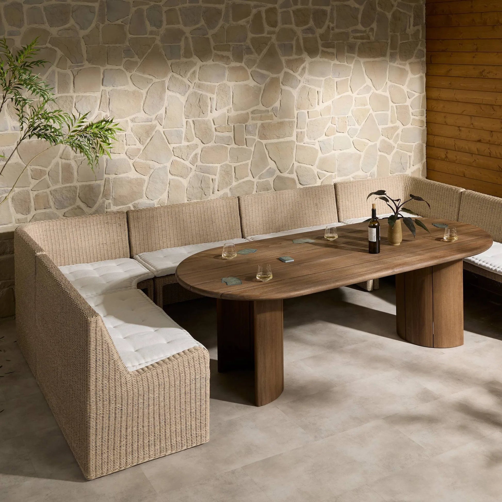 Senna Outdoor Dining Bench by Four Hands in vintage white, alessi linen. Made from 100% polyethylene, 100% polypropylene in a rustic style.