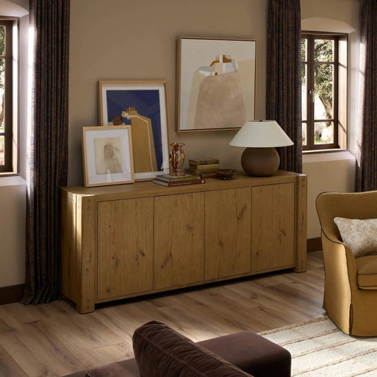 Emmer Sideboard by Four Hands in aged smoked oak veneer. Made from thick oak veneer, solid oak in a transitional style.