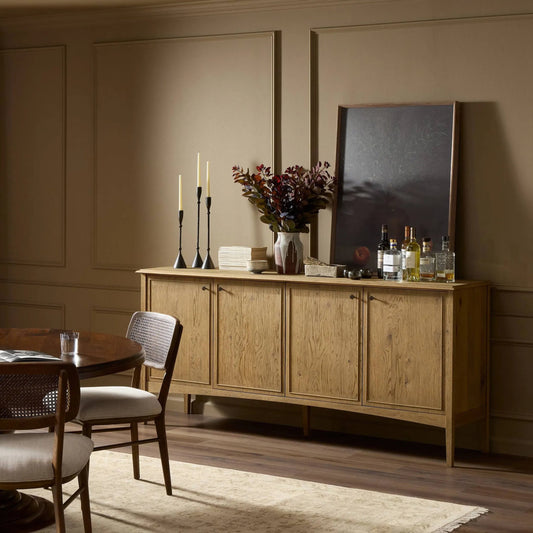 Maggie Sideboard by Four Hands in aged smoked oak resawn, bronze antimony. Made from resawn oak veneer, solid oak, iron in a unique style.