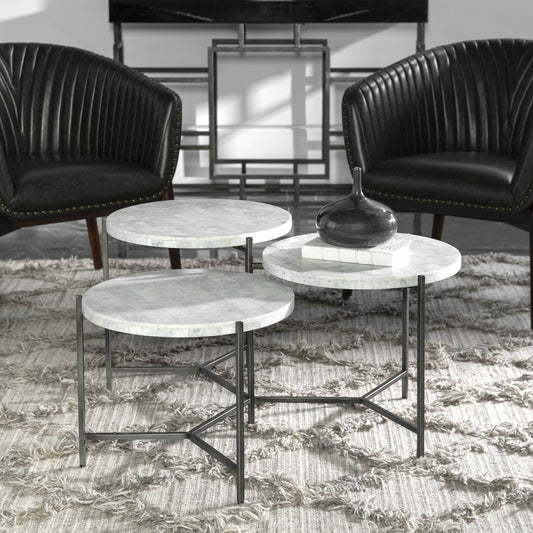 Contarini Tiered Coffee Table by Uttermost. Made from white venetian marble, iron in a modern style.