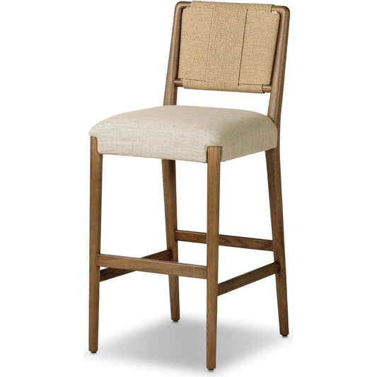 Rothler Bar Stool by Four Hands in alcala wheat, tan oak, double twisted paper cord. Made from 70% polyester, 20% viscose (rayon), 10% flax/linen, solid oak, rush in a unique style.