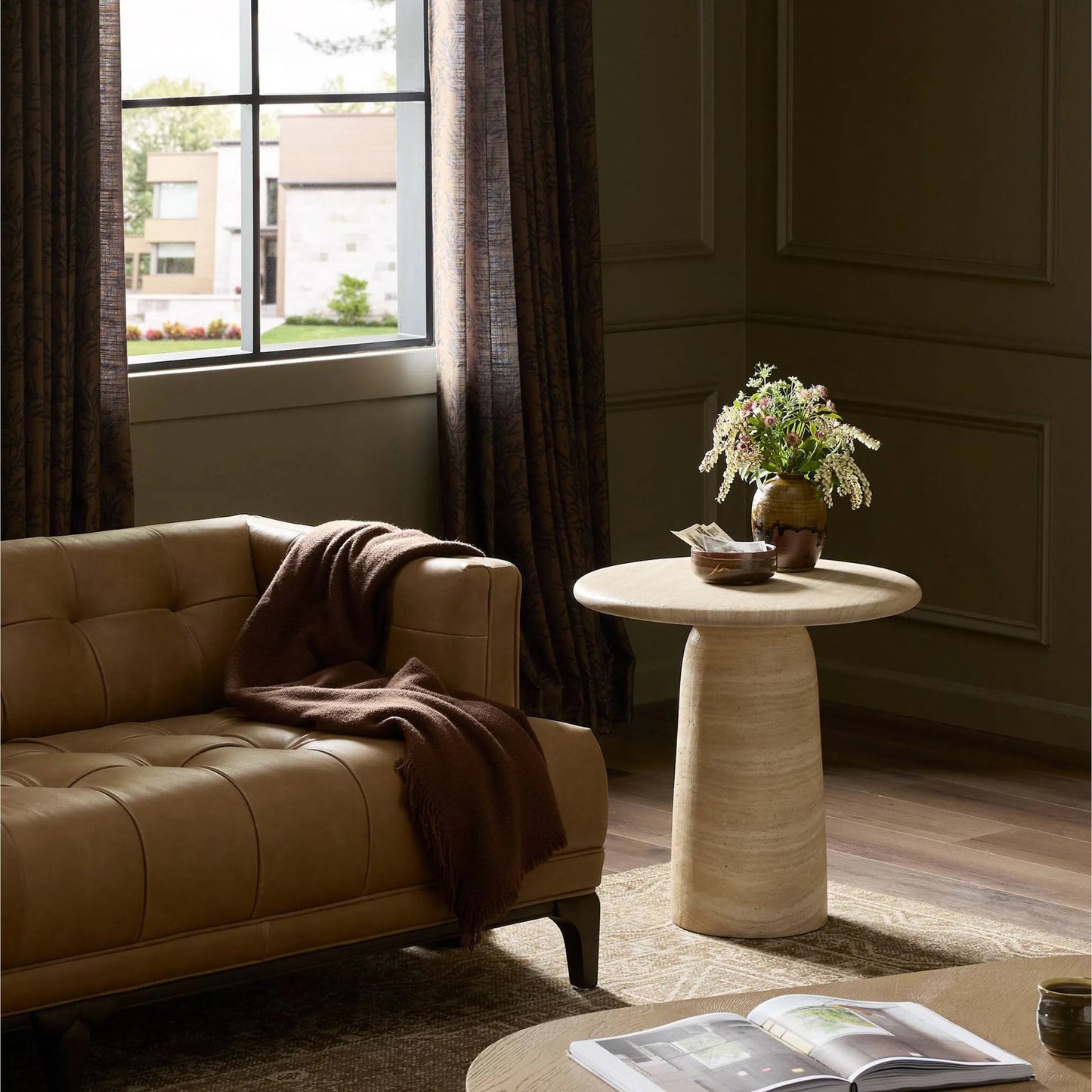 012 SI-2377053 | Lifestyle | Janice End Table by Four Hands in sand striae. Made from solid concrete in a transitional style.