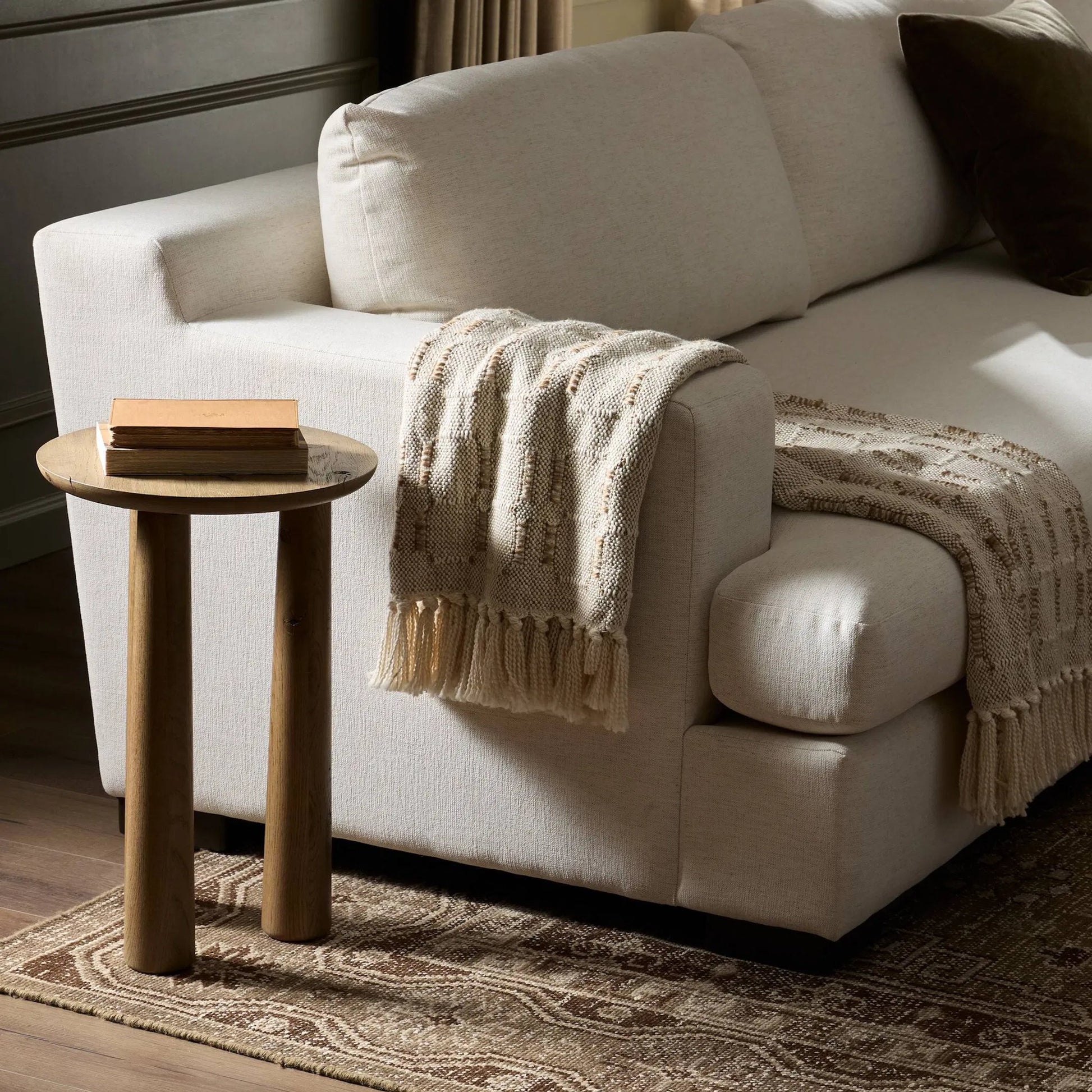 Crispin 3-Piece Sectional by Four Hands in crypton nomad snow, aged sienna. Made from 92% polyester, 8% flax/linen, solid rosa morada in a transitional style.