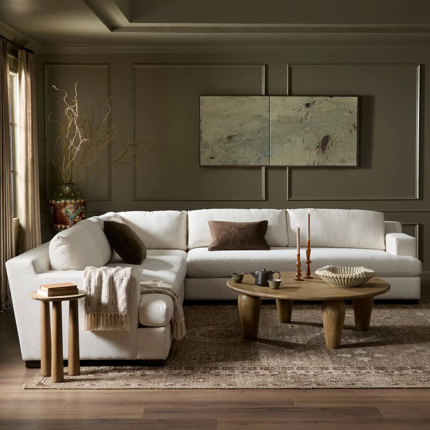 008 SI-2327549 | Lifestyle | Crispin 3-Piece Sectional by Four Hands in crypton nomad snow, aged sienna. Made from 92% polyester, 8% flax/linen, solid rosa morada in a transitional style.