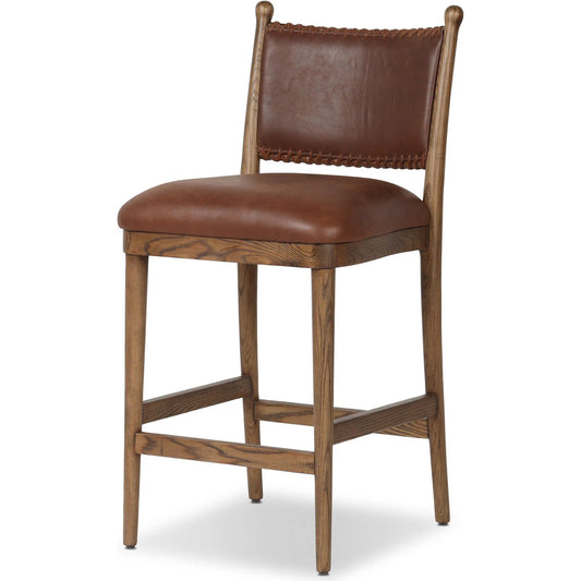 Bella Counter Stool by Four Hands in dulane mahogany, antique walnut. Made from top grain leather, solid ash in a traditional style.