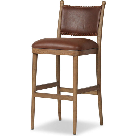 Bella Bar Stool by Four Hands in dulane mahogany, antique walnut. Made from top grain leather, solid ash in a unique style.