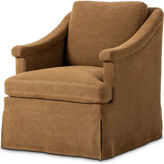 Joplin Swivel Chair by Four Hands in broadway gilt. Made from 100% flax/linen in a unique style.