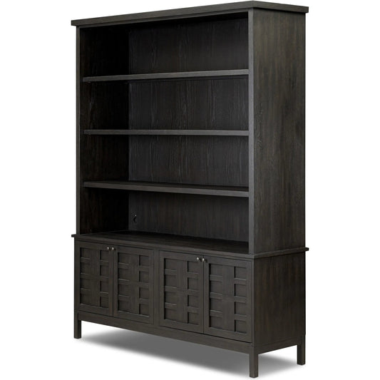 Alessio Bookcase by Four Hands in smoked black, smoked black veneer. Made from solid oak, thick oak veneer in a unique style.