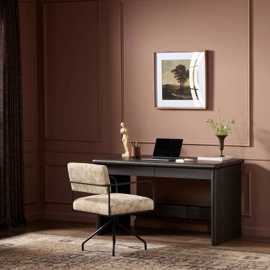 Denton Standing Desk by Four Hands in smoked black sungkai veneer, smoked black sungkai veneer-thick. Made from thin sungkai veneer, solid sungkai, thick sungkai veneer in a transitional style.