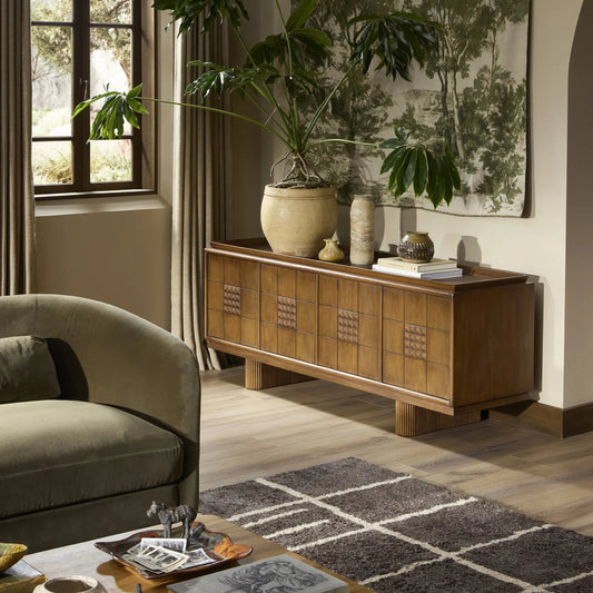 Lyle Media Console by Four Hands in rust rubberwood veneer. Made from parawood veneer, solid parawood in a unique style.