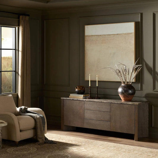 Lawson Media Console by Four Hands in brown oak veneer, warm grey marble. Made from oak veneer, solid marble in a unique style.