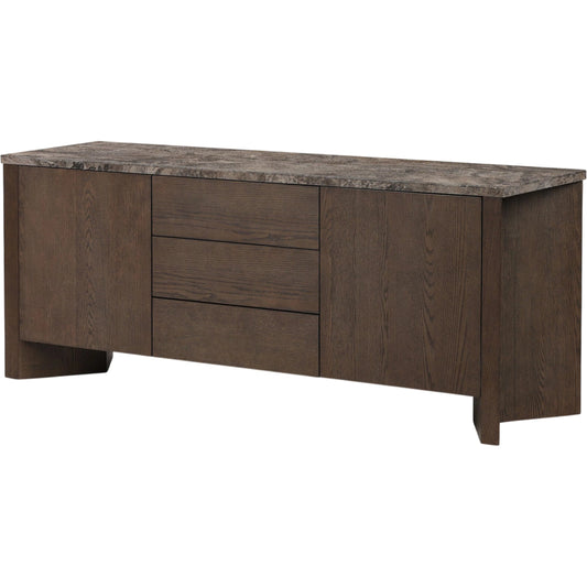 Lawson Media Console by Four Hands in brown oak veneer, warm grey marble. Made from oak veneer, solid marble in a unique style.