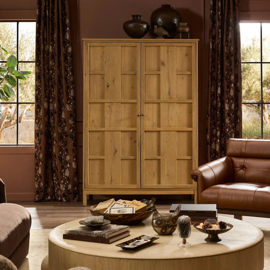 Alessio Cabinet by Four Hands in aged natural oak veneer, dark iron. Made from thick oak veneer, solid oak, iron in a transitional style.