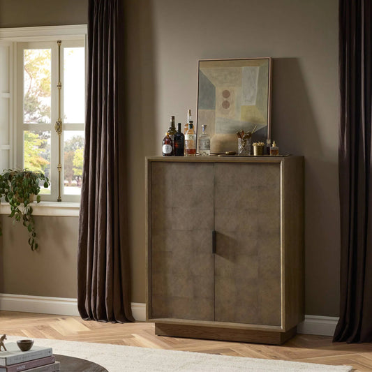 Salta Bar Cabinet by Four Hands in brown oak thick veneer, brown oak thin oyster. Made from thick oak veneer, oak veneer, thin oyster cut in a unique style.