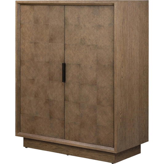 Salta Bar Cabinet by Four Hands in brown oak thick veneer, brown oak thin oyster. Made from thick oak veneer, oak veneer, thin oyster cut in a unique style.