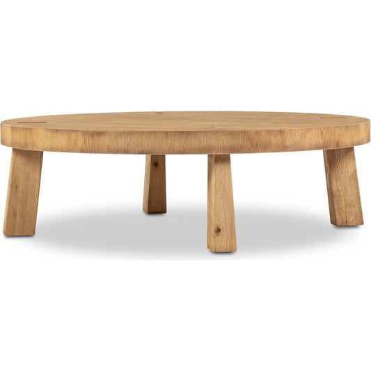 Sadira Coffee Table-50" by Four Hands in worn oak veneer. Made from thick oak veneer, solid oak in a transitional style.