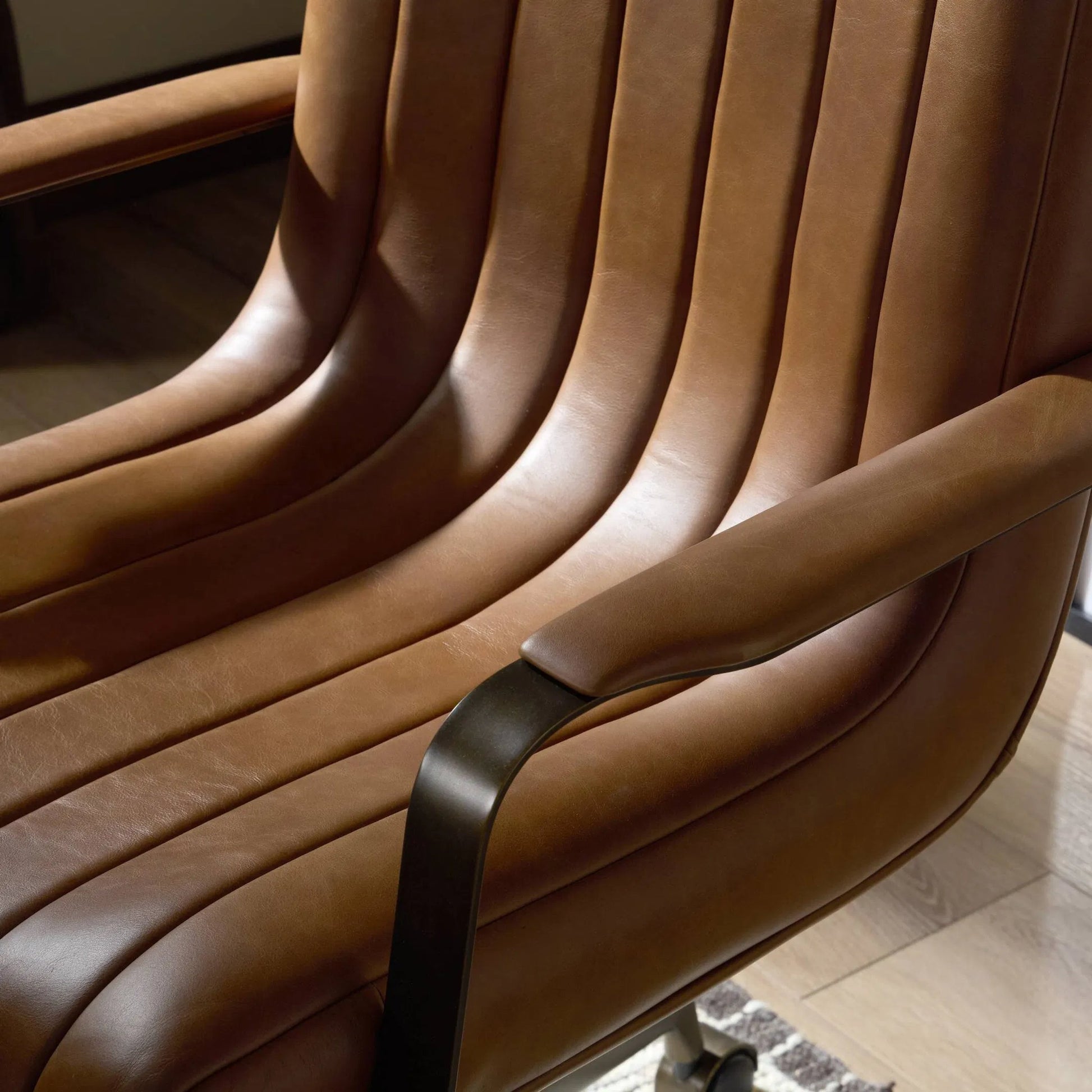 Lemmy Desk Chair by Four Hands in sonoma chestnut, brushed brass. Made from top grain leather, iron in a unique style.