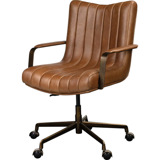 Lemmy Desk Chair by Four Hands in sonoma chestnut, brushed brass. Made from top grain leather, iron in a unique style.