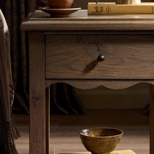 Bayla End Table by Four Hands in weathered oak veneer. Made from thick oak veneer, solid oak in a transitional style.