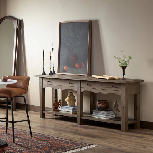 Bayla Console Table by Four Hands in brown oak veneer, weathered oak. Made from thick oak veneer, solid oak in a transitional style.