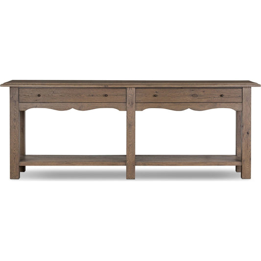 Bayla Console Table by Four Hands in brown oak veneer, weathered oak. Made from thick oak veneer, solid oak in a transitional style.