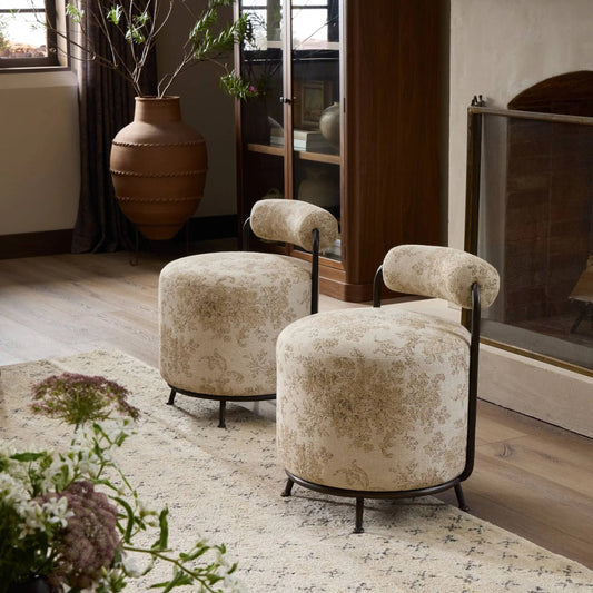 Gwendolyn Accent Stool by Four Hands in fallingbrook natural, hammered bronze. Made from 53% polyester, 33% rayon, 14% linen, iron in a traditional style.