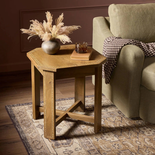 Cantu End Table by Four Hands in washed taupe mango bone inlay. Made from solid mango in a transitional style.