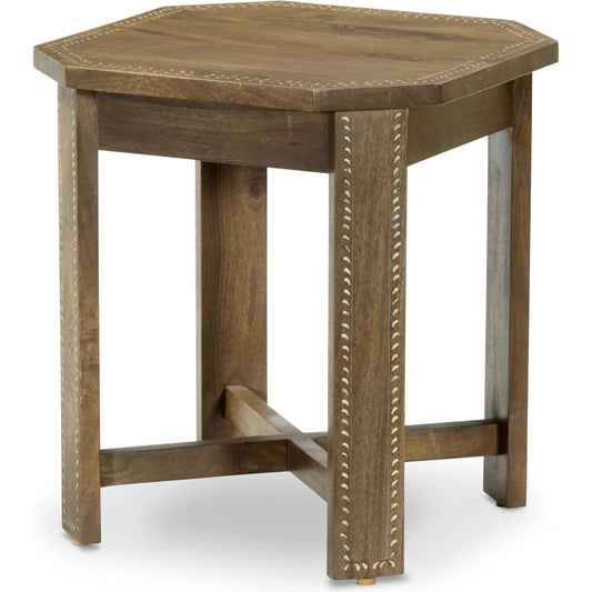 Cantu End Table by Four Hands in washed taupe mango bone inlay. Made from solid mango in a transitional style.