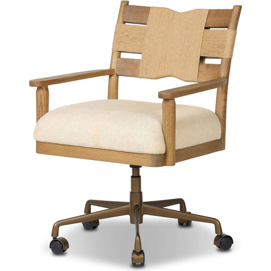 Tova Desk Chair by Four Hands in natural paper cord, brushed brass aluminum, bergamo parchment. Made from rush, aluminum, 75% cotton, 25% flax/linen in a unique style.