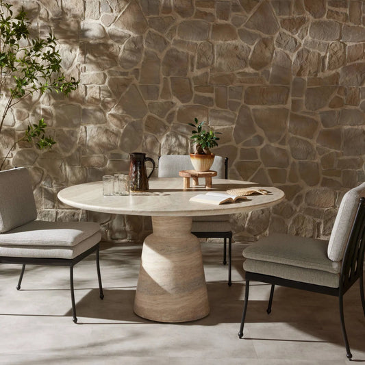 Marsh Outdoor Dining Table by Four Hands in textured sandy grey. Made from solid concrete in a unique style.