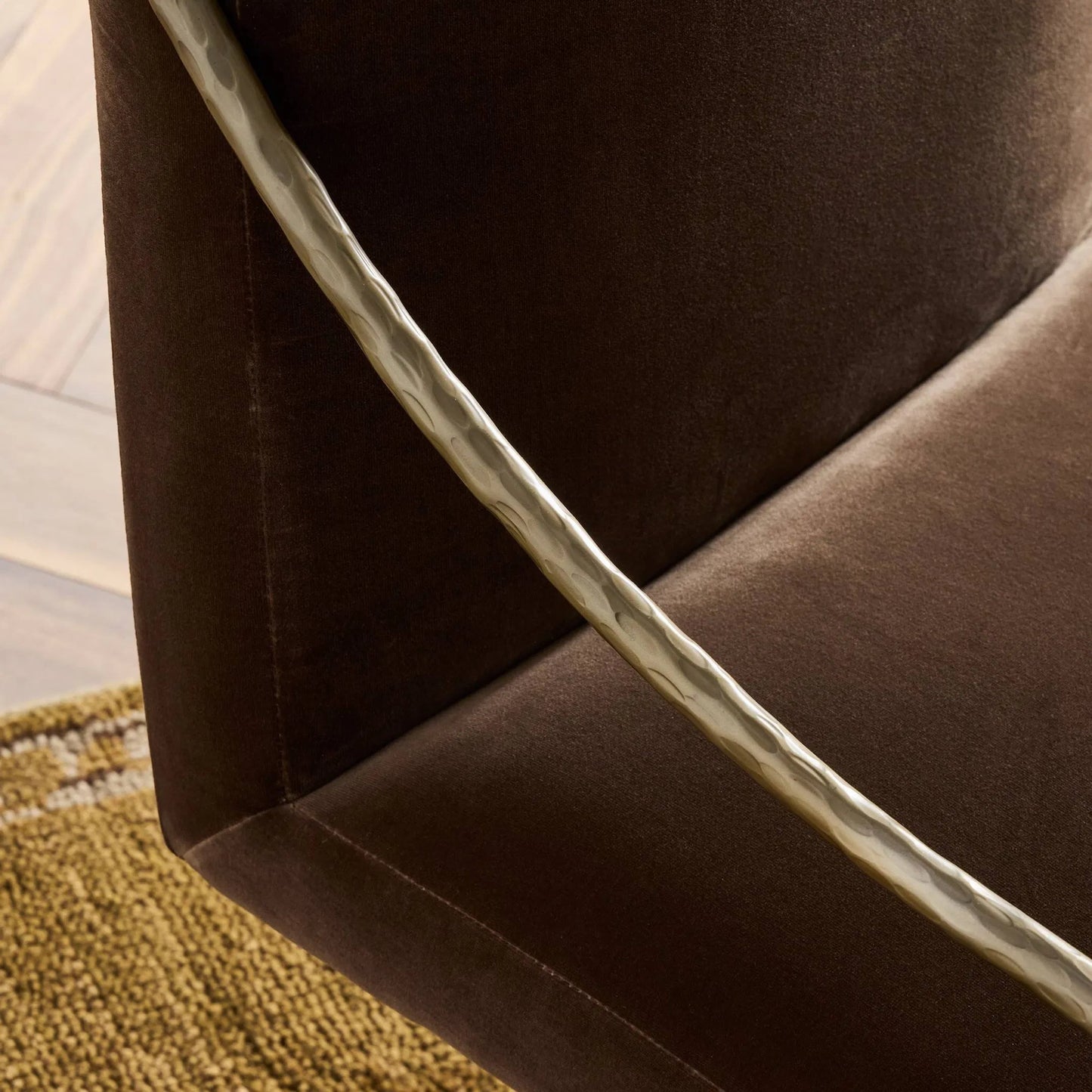 007 SI-2635222 | Closeup | Alonzo Desk Chair by Four Hands in surrey mink, warm nickel, hammered warm nicklel. Made from 76.8% cotton, 23.2% polyester, iron in a unique style.