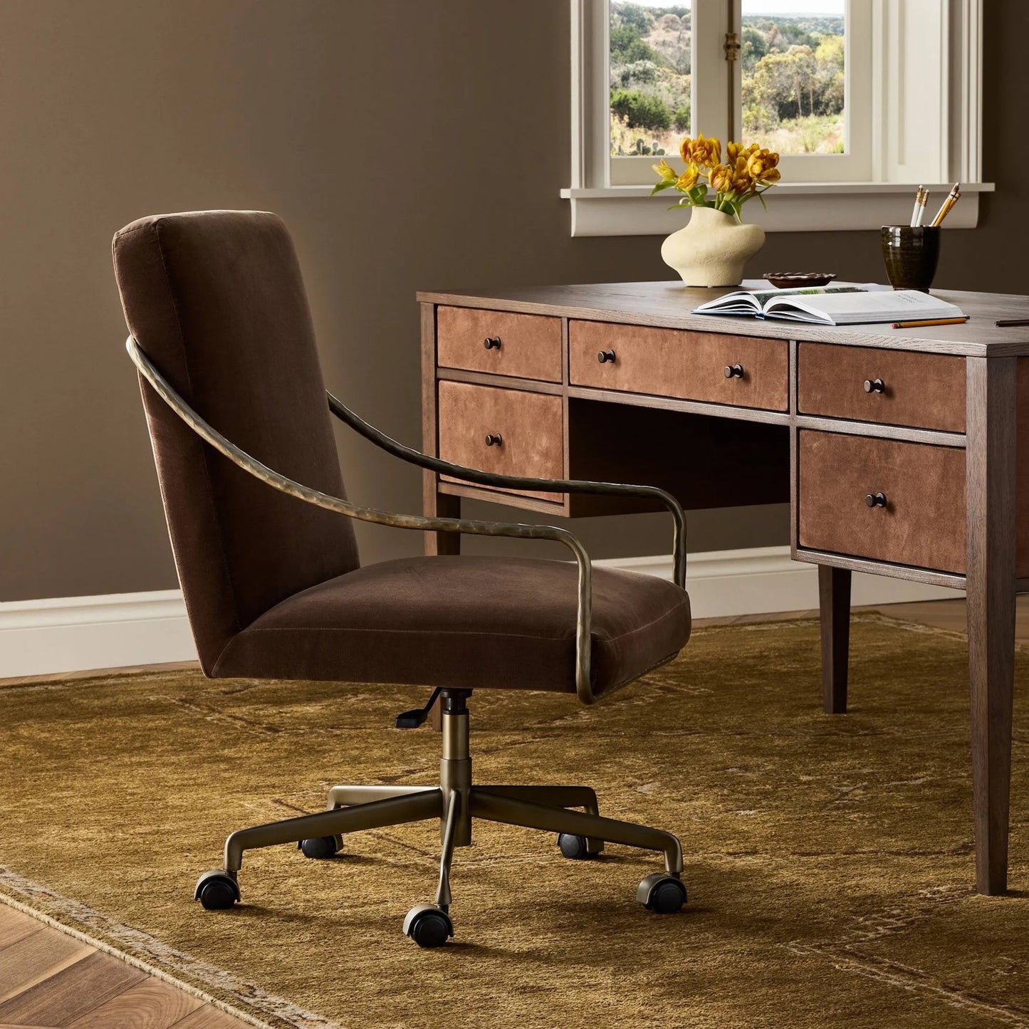008 SI-2635222 | Lifestyle | Alonzo Desk Chair by Four Hands in surrey mink, warm nickel, hammered warm nicklel. Made from 76.8% cotton, 23.2% polyester, iron in a unique style.