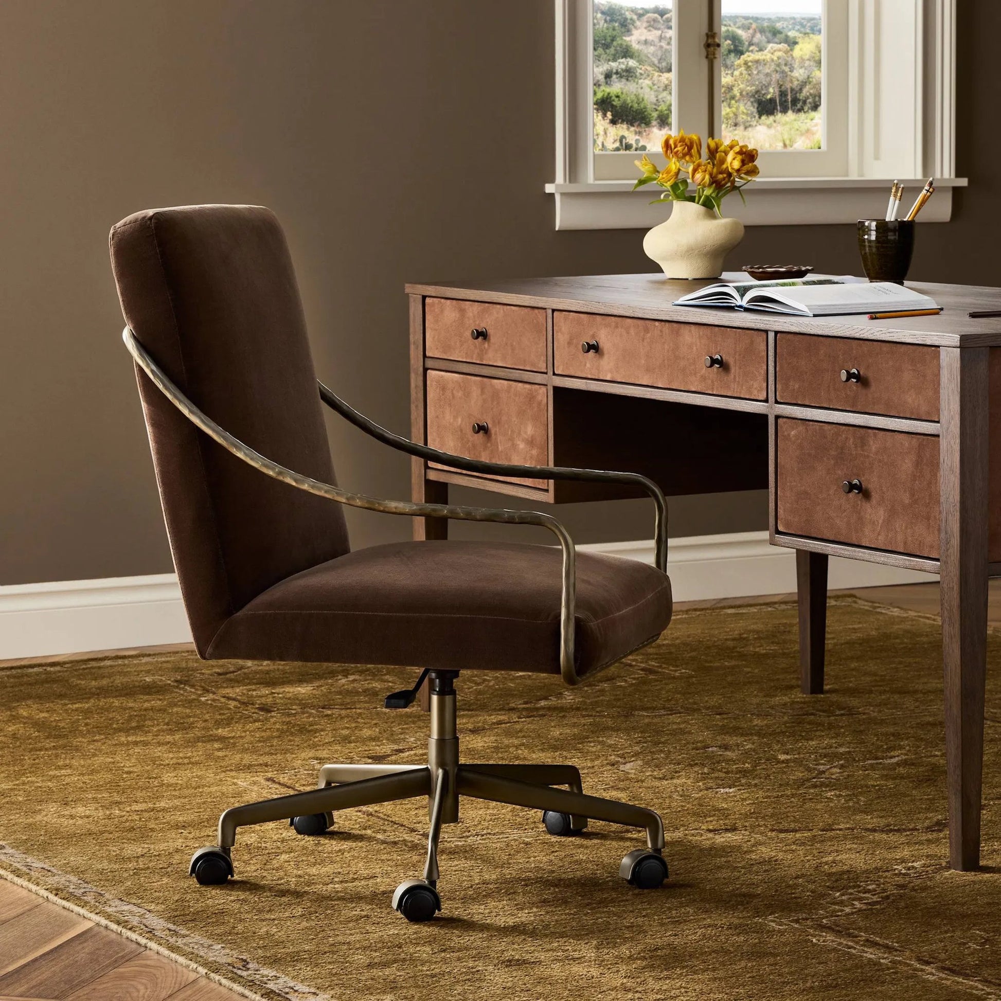 Alonzo Desk Chair by Four Hands in surrey mink, warm nickel, hammered warm nicklel. Made from 76.8% cotton, 23.2% polyester, iron in a unique style.
