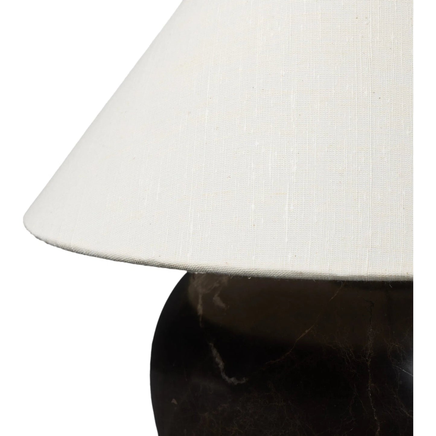 002 SI-2531614 | Closeup | Denver Table Lamp by Four Hands in brown italian marble, oil rubbed bronze, cream linen. Made from solid marble, iron, 80% flax/linen, 20% polyester in a unique style.