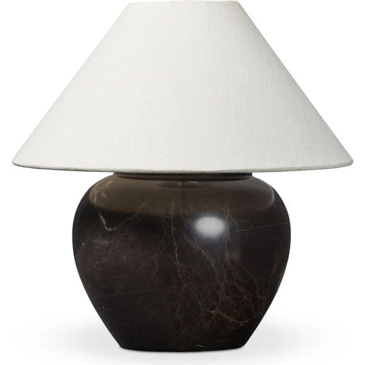 Denver Table Lamp by Four Hands in brown italian marble, oil rubbed bronze, cream linen. Made from solid marble, iron, 80% flax/linen, 20% polyester in a unique style.