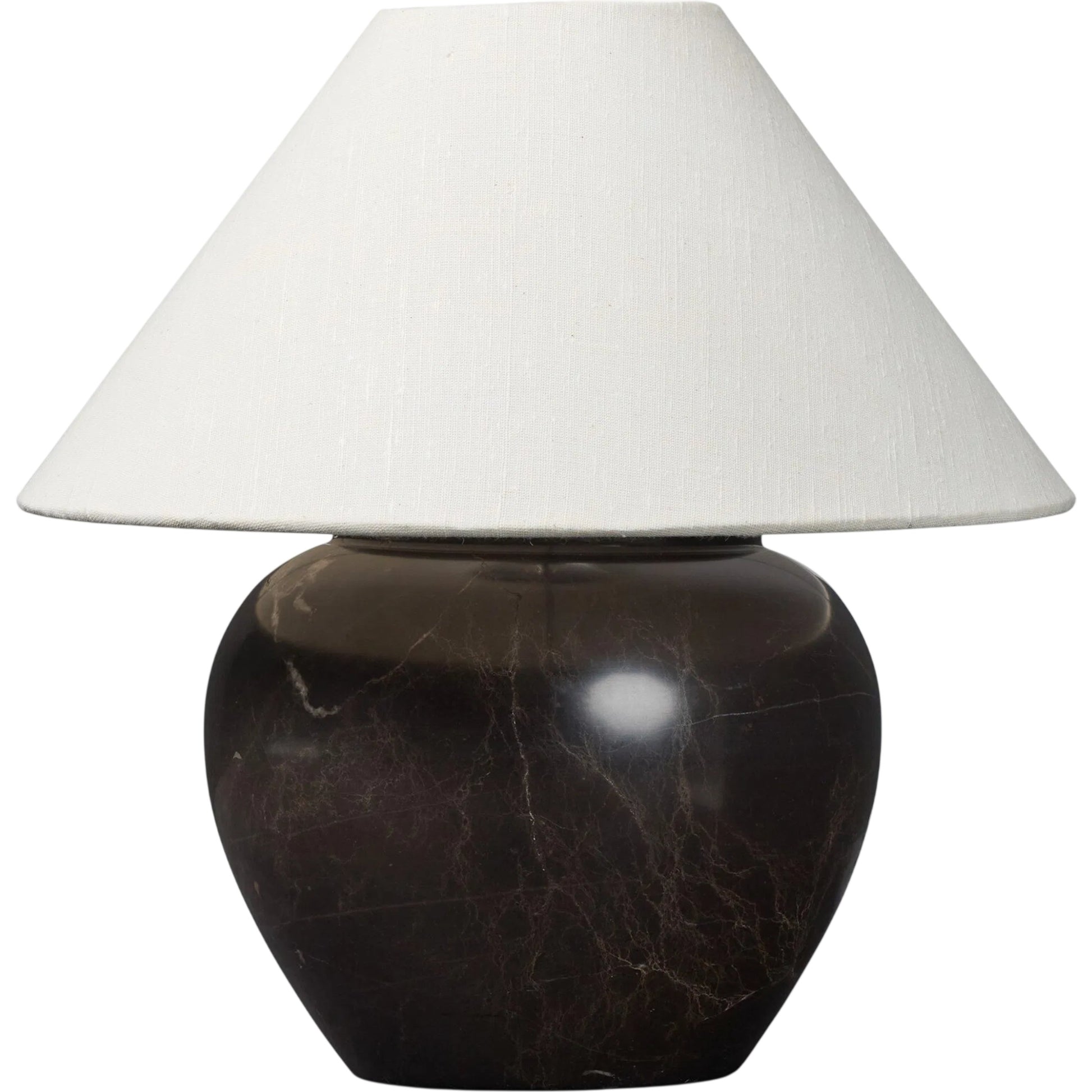 Denver Table Lamp by Four Hands in brown italian marble, oil rubbed bronze, cream linen. Made from solid marble, iron, 80% flax/linen, 20% polyester in a unique style.