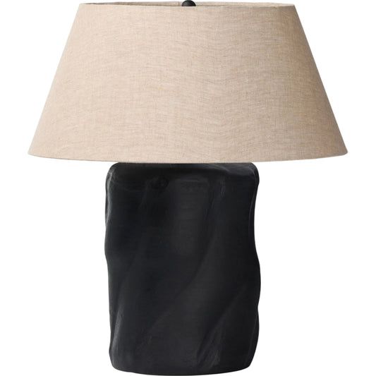 Bomba Table Lamp by Four Hands in aged black terracotta, black cord, natural linen. Made from terracotta, thermoplastic, 100% flax, linen in a unique style.