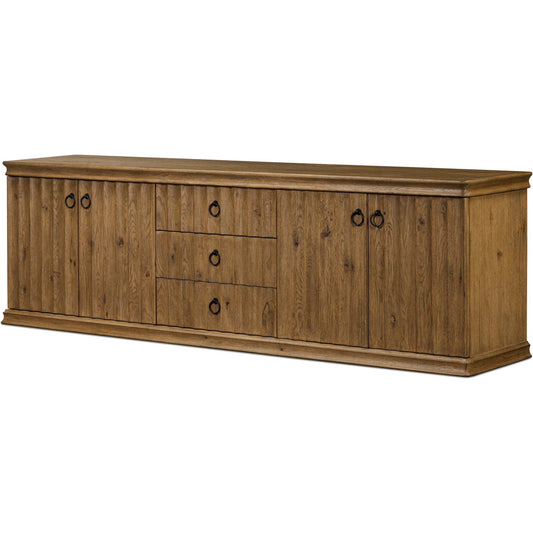 Cambra Media Console by Four Hands in drifted oak, drifted oak veneer. Made from solid oak, thick oak veneer in a traditional style.