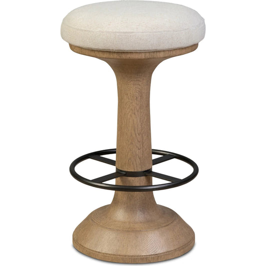 Montclair Stool by Four Hands in antwerp natural, drifted oak resin, aged iron. Made from 39% flax/linen, 35% cotton, 26% polyester, composite resin mixture, iron in a unique style.