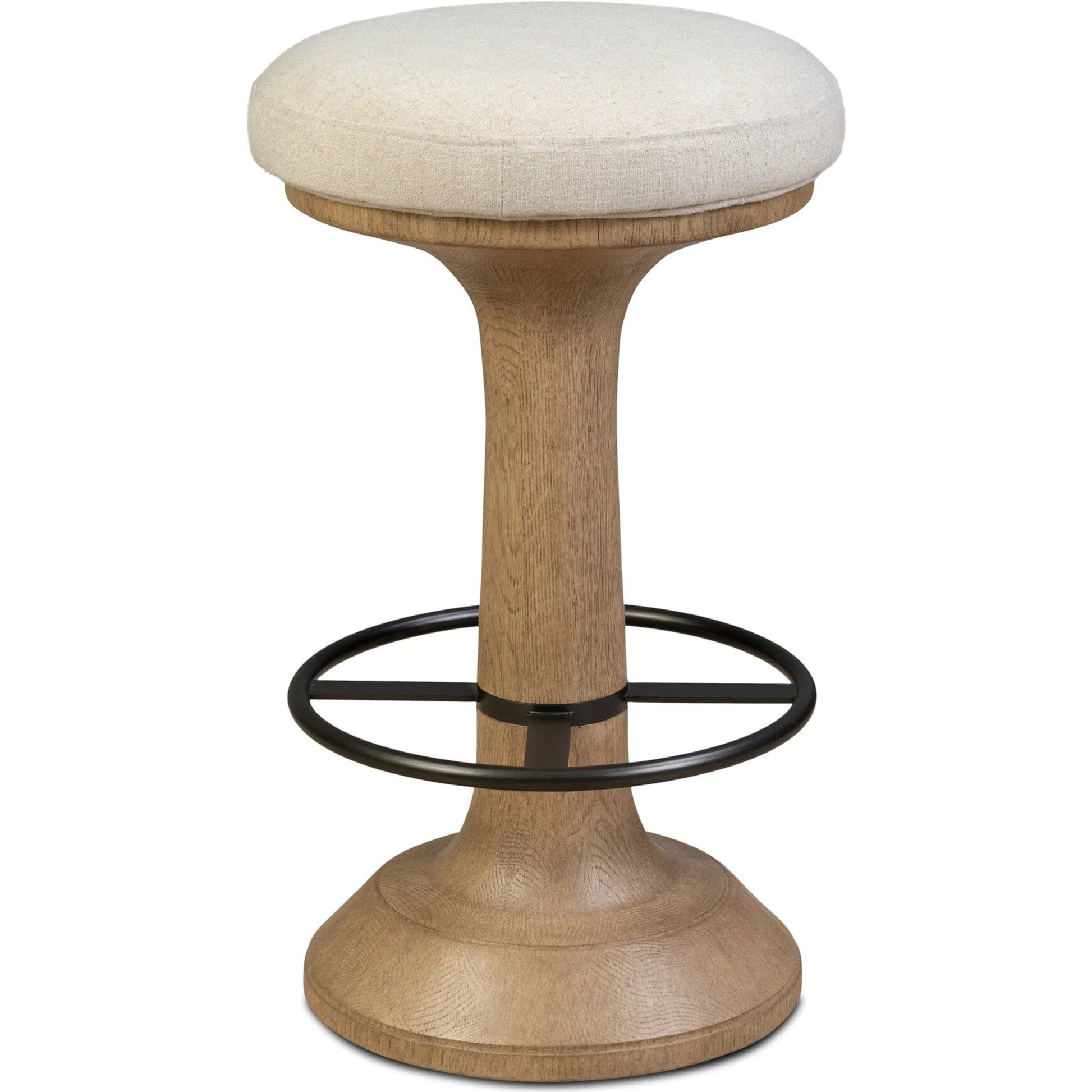 Montclair Stool by Four Hands in antwerp natural, drifted oak resin, aged iron. Made from 39% flax/linen, 35% cotton, 26% polyester, composite resin mixture, iron in a unique style.