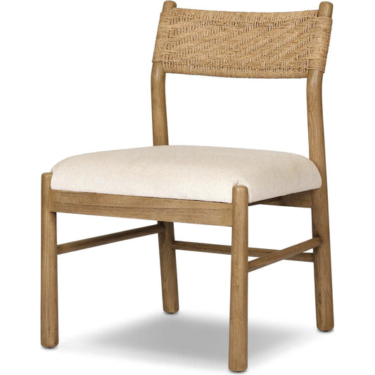 Raynor Dining Chair by Four Hands in lynchart sand, natural mindi, natural agel. Made from 85% polyester, 15% flax/linen, solid mindi, sugar palm in a unique style.